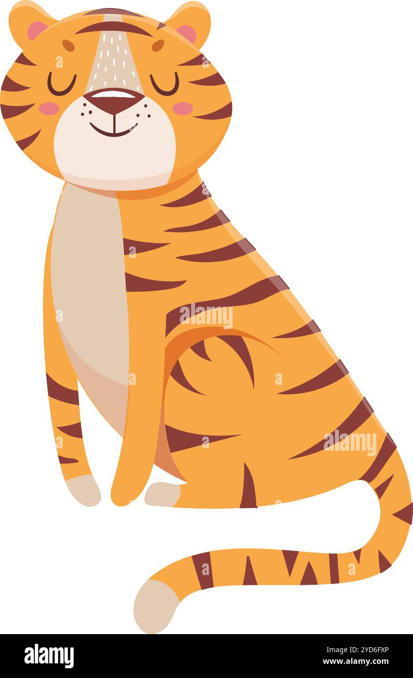 Carino tigre dei cartoni animati in posizione tranquilla, con gli occhi chiusi, che trasuda fascino e felicità. Perfetto per un'atmosfera divertente e allegra Illustrazione Vettoriale