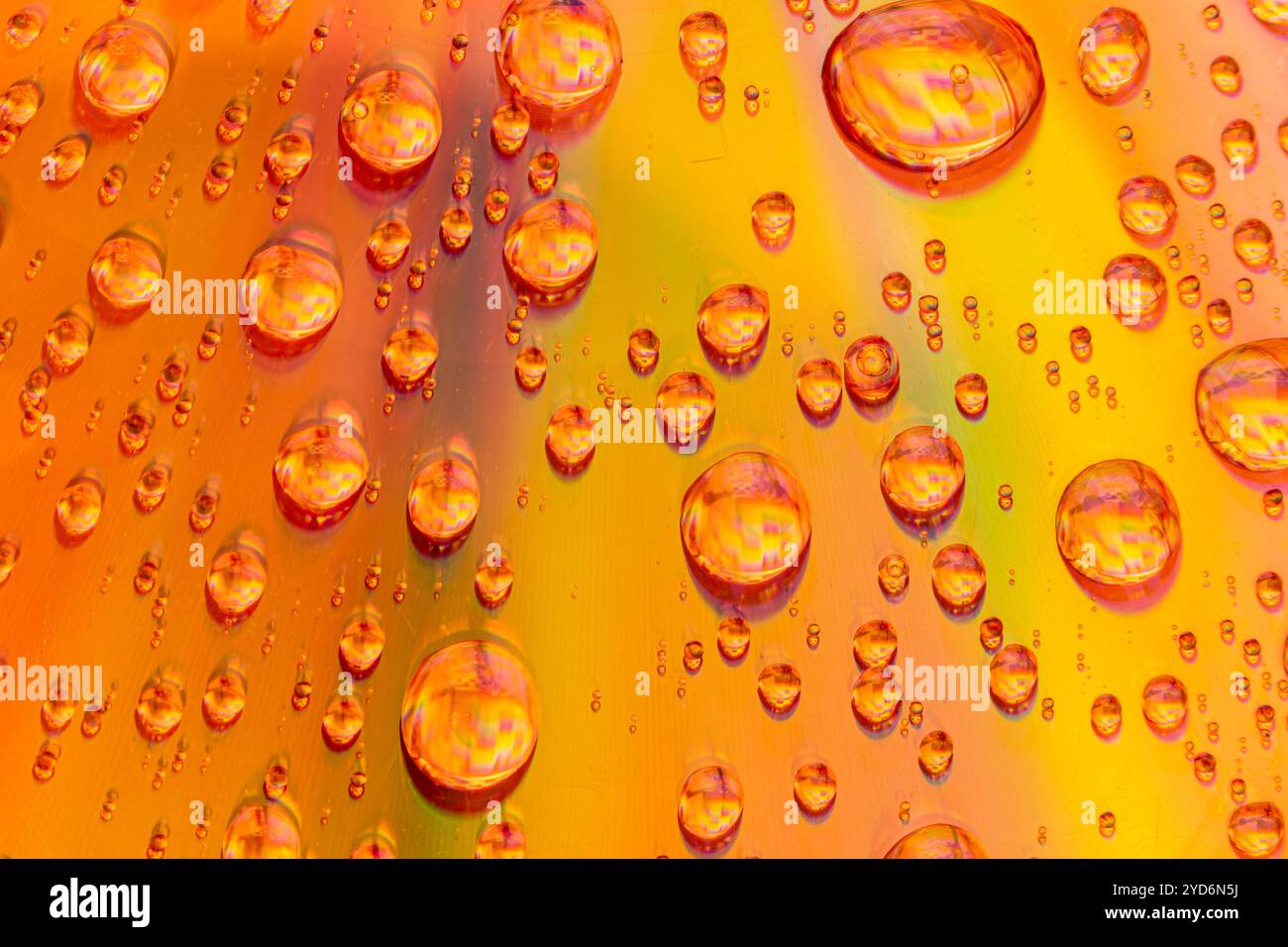 Questa foto macro presenta più gocce d'acqua di varie dimensioni su una superficie con una sfumatura di colori che va dal giallo all'arancione e al rosso. Foto Stock