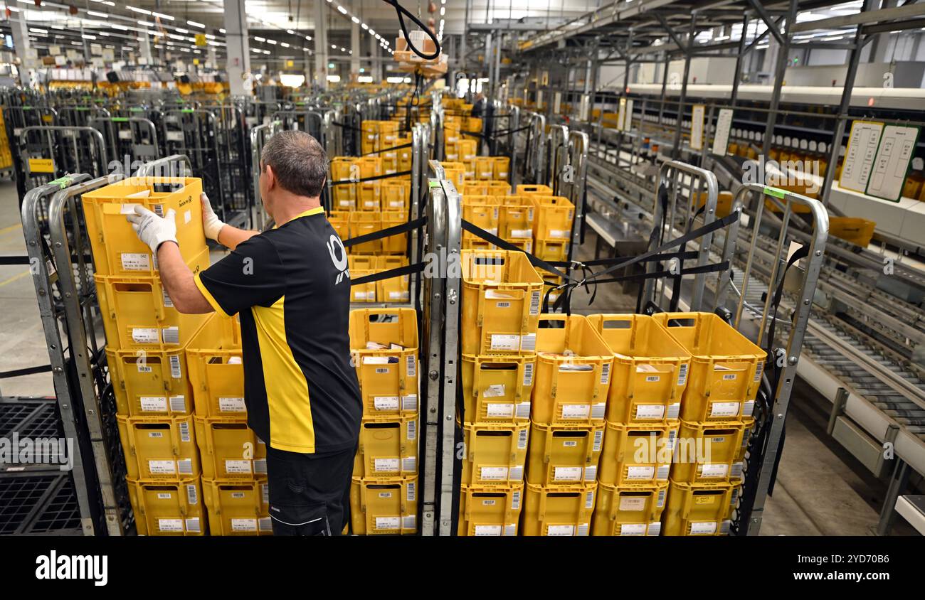 Erfurt Vieselbach, Germania. 25 ottobre 2024. Un dipendente smista gli articoli presso il centro postale della filiale Deutsche Post Erfurt nel villaggio merci Erfurt-Vieselbach (GVZ). Crediti: Martin Schutt/dpa/Alamy Live News Foto Stock