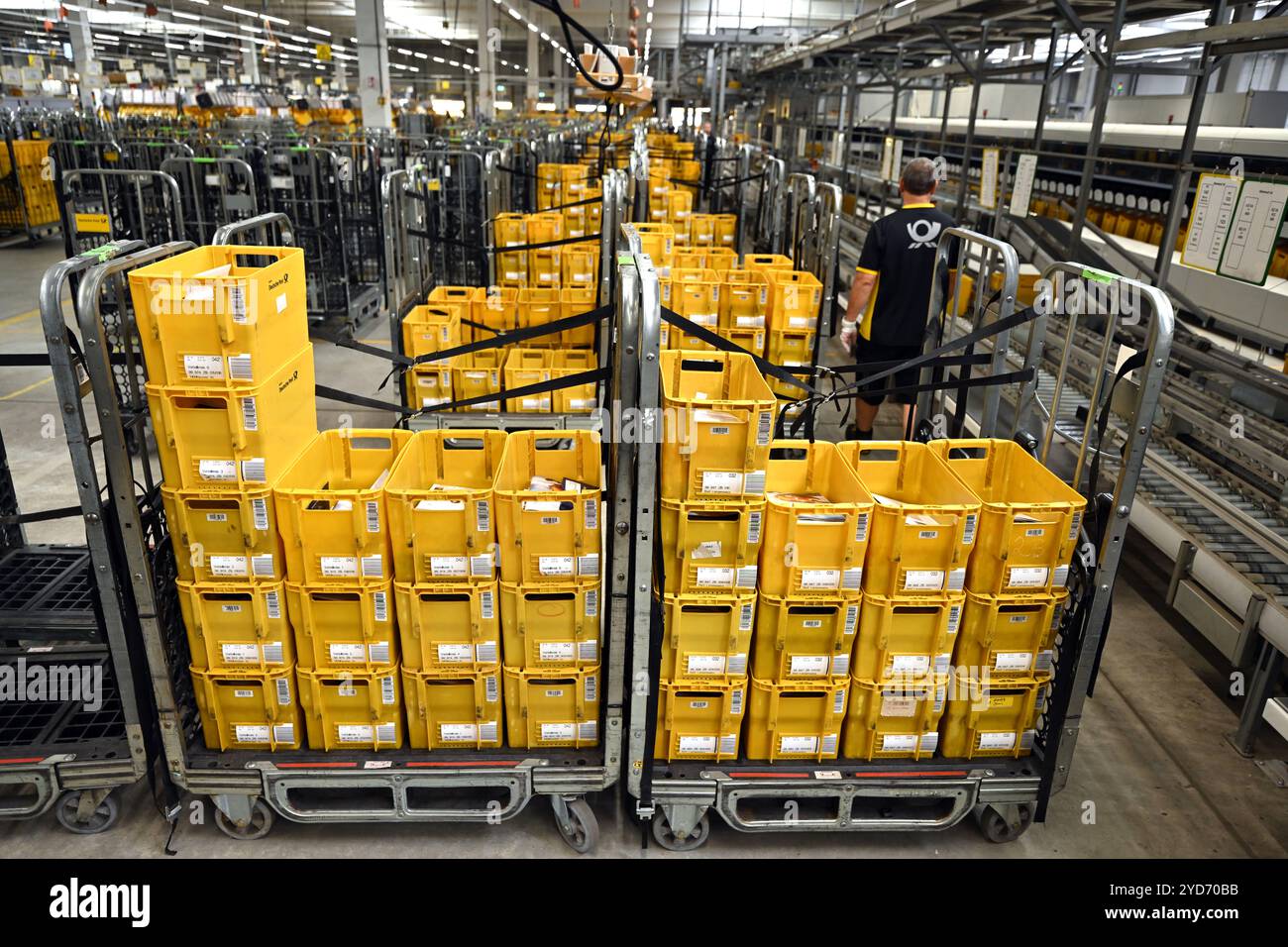 Erfurt Vieselbach, Germania. 25 ottobre 2024. Un dipendente smista gli articoli presso il centro postale della filiale Deutsche Post Erfurt nel villaggio merci Erfurt-Vieselbach (GVZ). Crediti: Martin Schutt/dpa/Alamy Live News Foto Stock