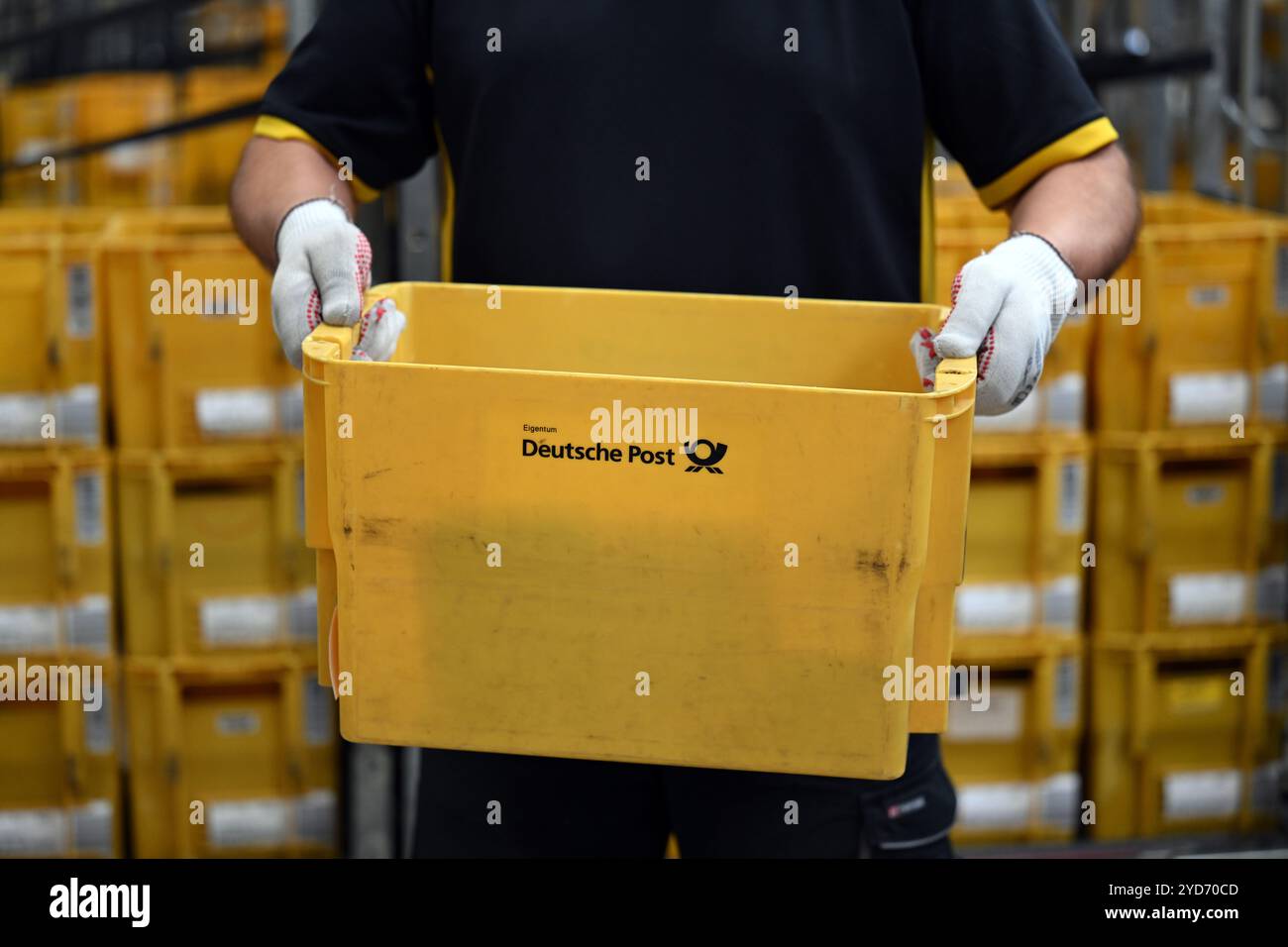 Erfurt Vieselbach, Germania. 25 ottobre 2024. Un dipendente smista gli articoli presso il centro postale della filiale Deutsche Post Erfurt nel villaggio merci Erfurt-Vieselbach (GVZ). Crediti: Martin Schutt/dpa/Alamy Live News Foto Stock