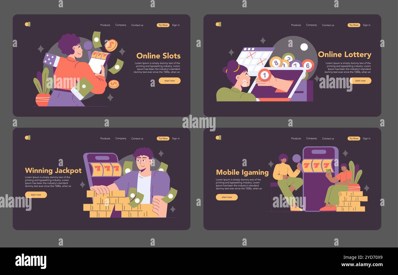 Set iGaming. Diverse esperienze di gioco online con slot, lotteria, vincite di jackpot e giochi mobili. Videografica coinvolgente per le piattaforme di scommesse digitali. Illustrazione vettoriale. Illustrazione Vettoriale