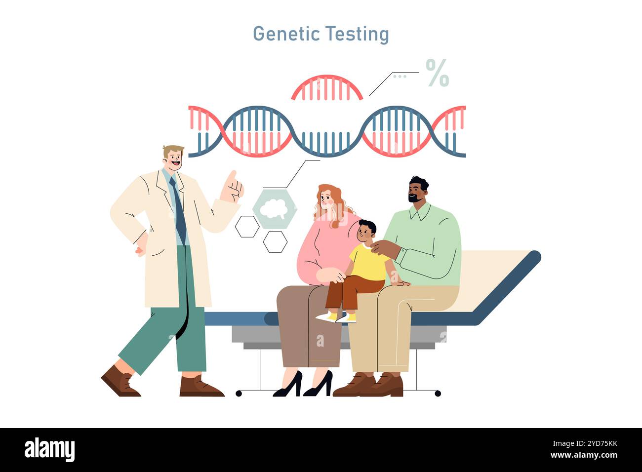 Concetto di test genetici. Un medico spiega l'analisi del DNA a una famiglia considerando la loro salute ereditaria. Educazione in genetica medica. Illustrazione vettoriale. Illustrazione Vettoriale