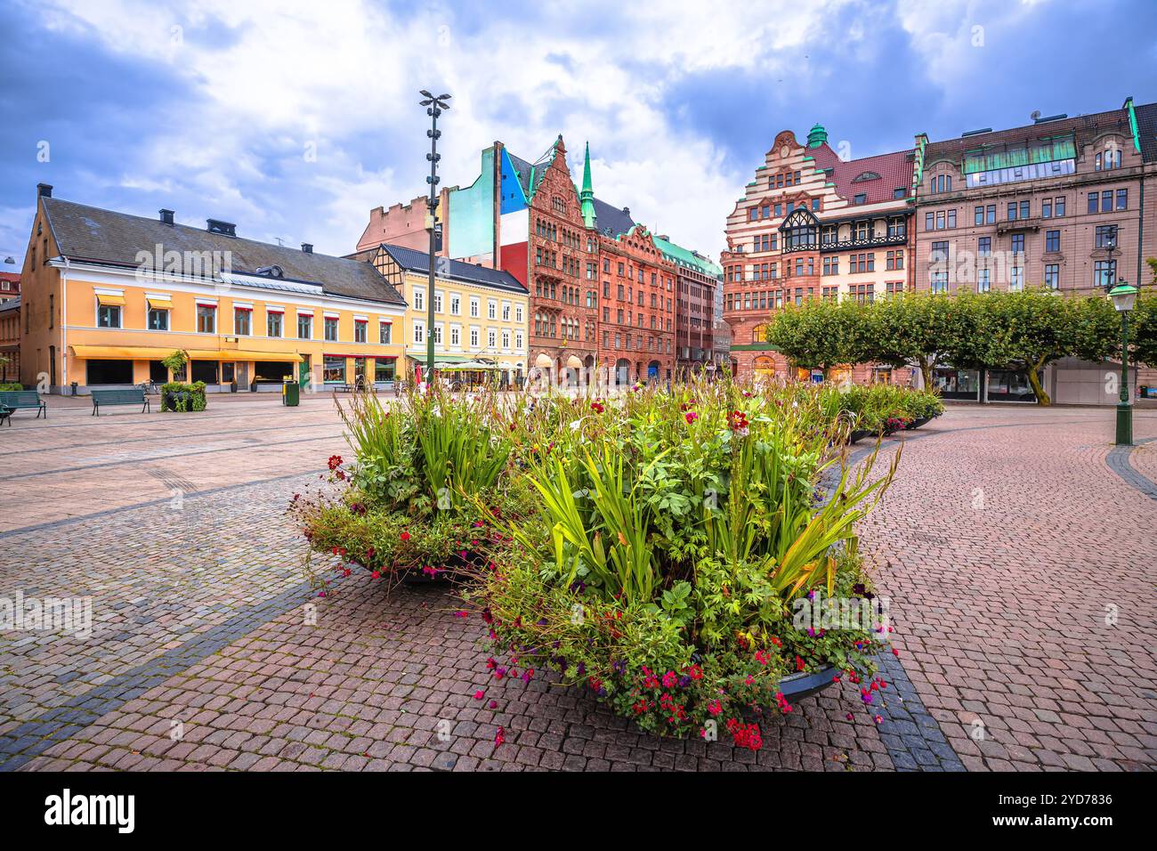 Vista panoramica di piazza Platzbrunnen a Malmo Foto Stock