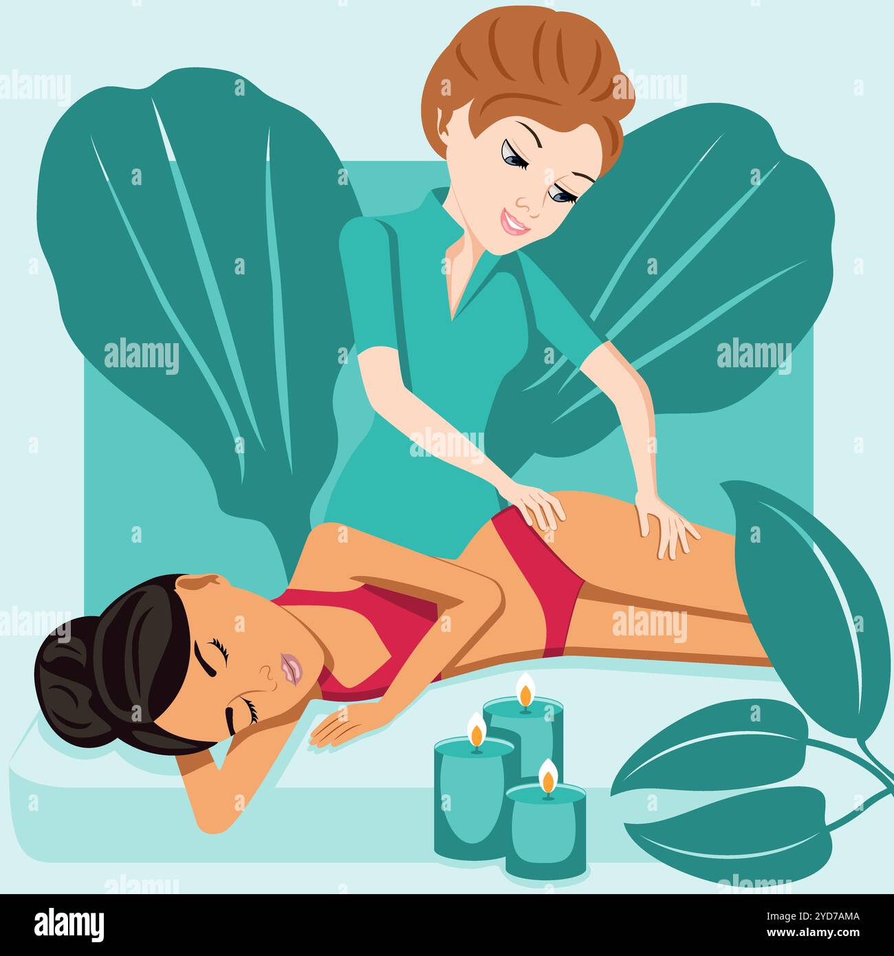 Massaggio linfatico. Terapia e trattamento da parte di terapisti professionisti nella SPA. Illustrazione del vettore piatto isolato. Etnia europea e orientale. Illustrazione Vettoriale