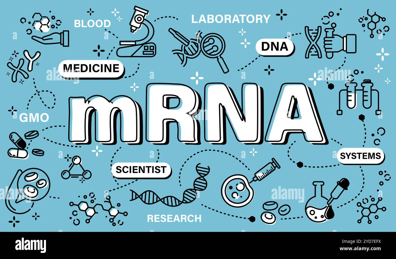 MRNA . Biotecnologia e ingegneria genetica. Parola con icona a linea stile banner artistico . Tratto modificabile . Vettore . Illustrazione Vettoriale