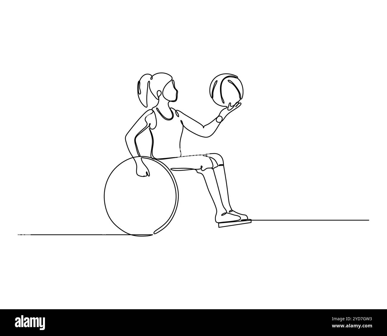 Disegno continuo di una persona seduta su una palla da esercizio, tenendo un'altra palla in una mano. Ideale per campagne di fitness e benessere. Illustrazione Vettoriale