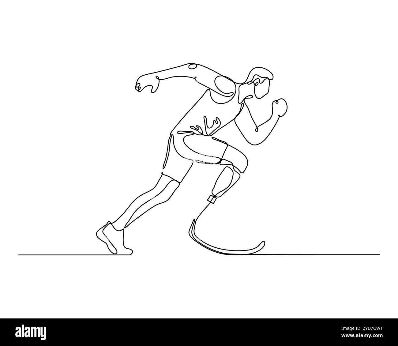 Disegno continuo di un atleta determinato con gambe protesiche, corsa con passione e velocità. Simboleggia la resilienza Illustrazione Vettoriale