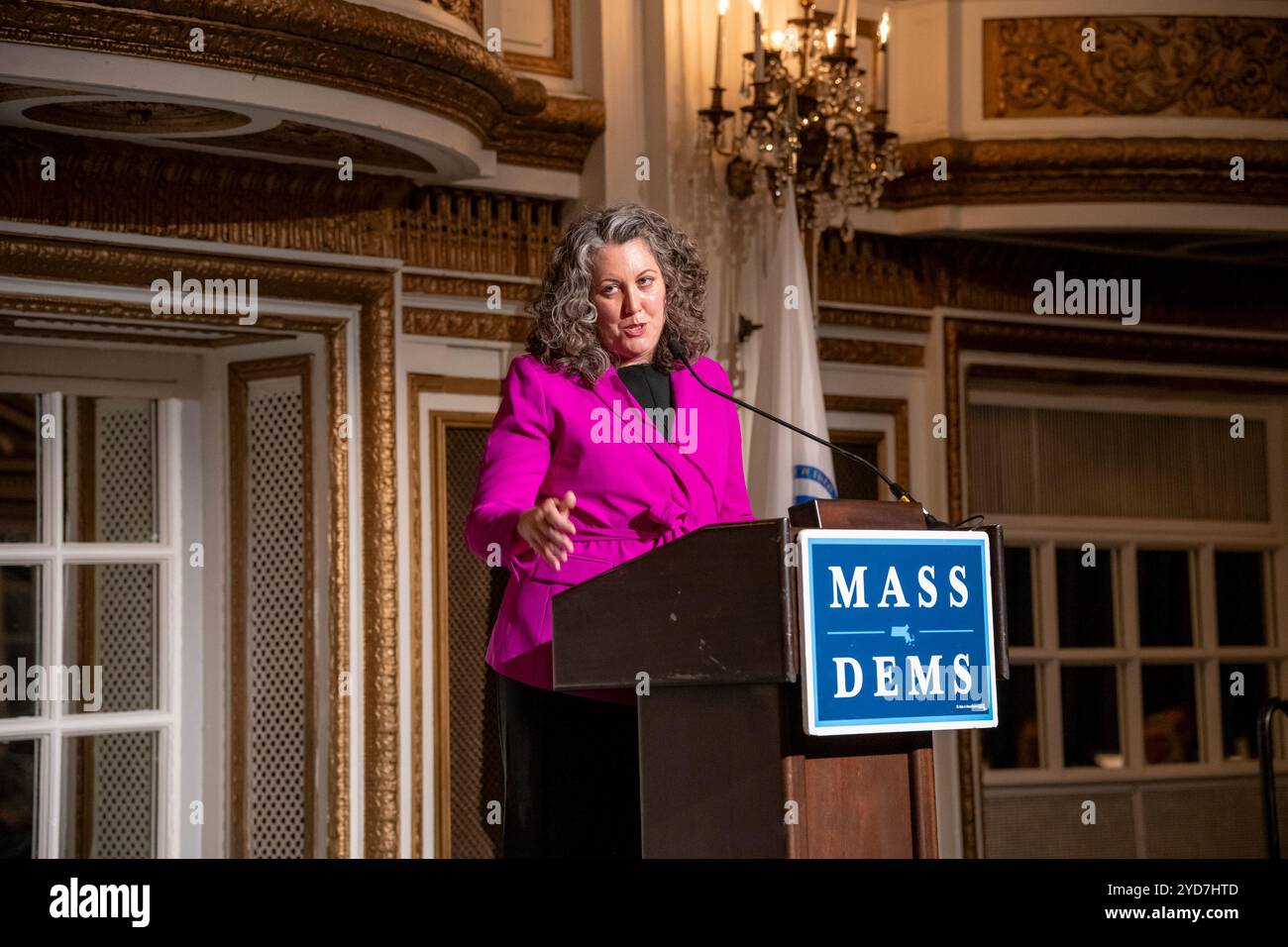 Rebecca Hart Holder, direttore esecutivo di Reproductive Equity Now, un'organizzazione che lavora per rendere equo l'accesso all'intero spettro dell'assistenza sanitaria riproduttiva una realtà per tutte le persone che parlano al Mass Dems 25th Annual Dinner al Copley Plaza Hotel di Boston il 13 giugno 2024. (Rick Friedman ) Foto Stock