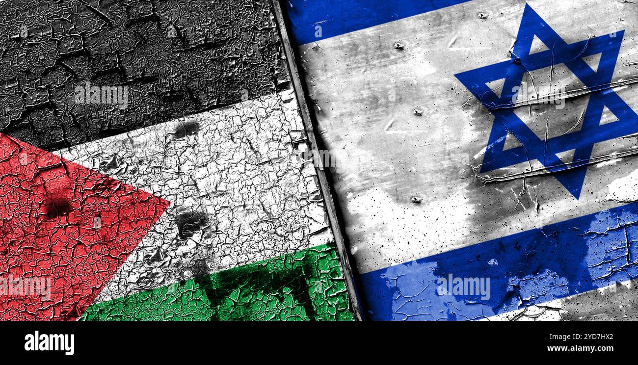 Sia la bandiera israeliana che la bandiera palestinese sono fatte con motivi di crackle di vernice. Concept illustr Foto Stock