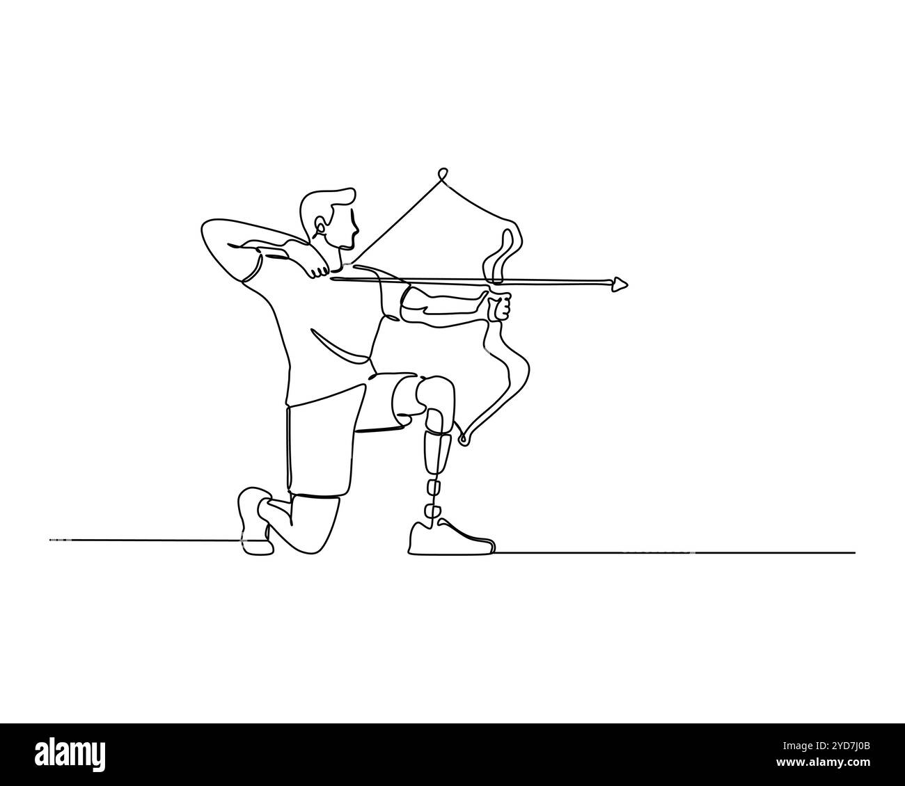 disegno continuo di un arciere determinato con una gamba protesica, inginocchiato e disegnato arco e freccia con fuoco incrollabile. Illustrazione Vettoriale
