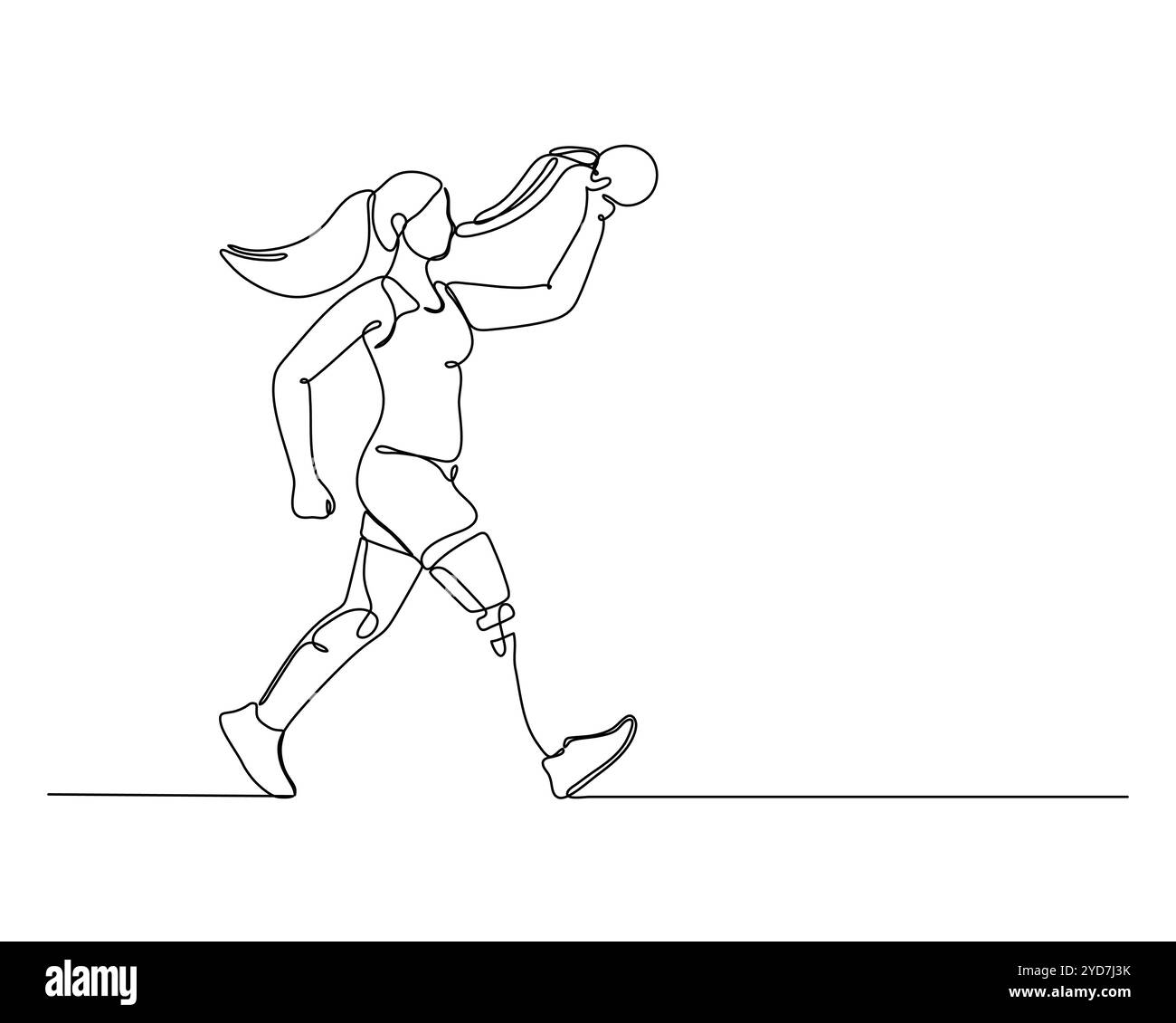 Disegno continuo di una atleta con una gamba protesica che corre e regge orgogliosamente una medaglia, simboleggiando forza, determinazione e inc Illustrazione Vettoriale
