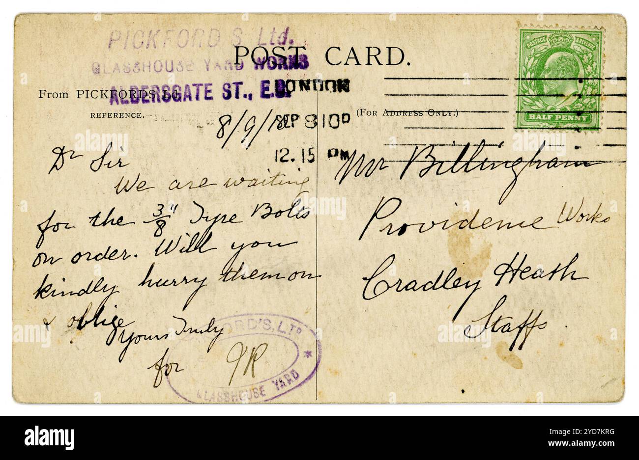 Retro della cartolina promozionale originale dell'epoca edoardiana per la rimozione dei Pickfords, datata e con timbro postale 8 settembre 1910, inviata dalla Glasshouse Yard Works, Aldersgate St. London EC1 Regno Unito Foto Stock