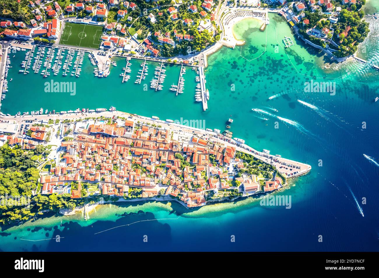 Vista aerea della città storica di Rab, Isola di Rab Foto Stock