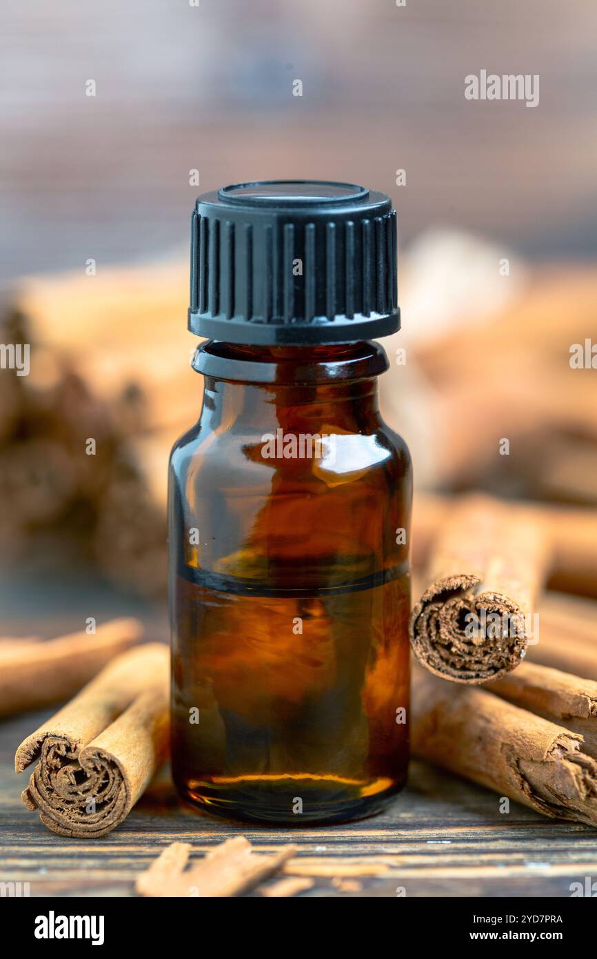 Bottiglia di olio essenziale alla cannella. Foto Stock