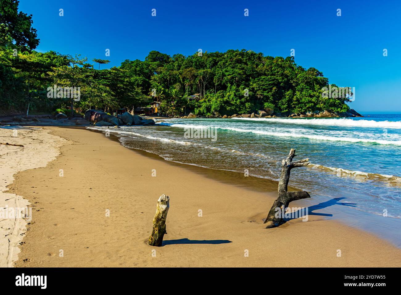 Spiaggia e mare di Castelhanos, foresta e montagne Foto Stock