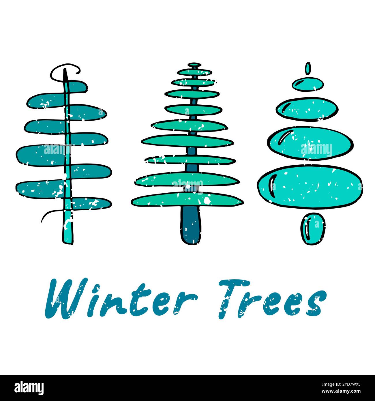 Una serie di alberi invernali di Natale. Alberi di Natale colorati disegnati a mano in vettoriale. Per stampe su abiti, cartoline, poster, elementi di design, pagine Web. Illustrazione Vettoriale