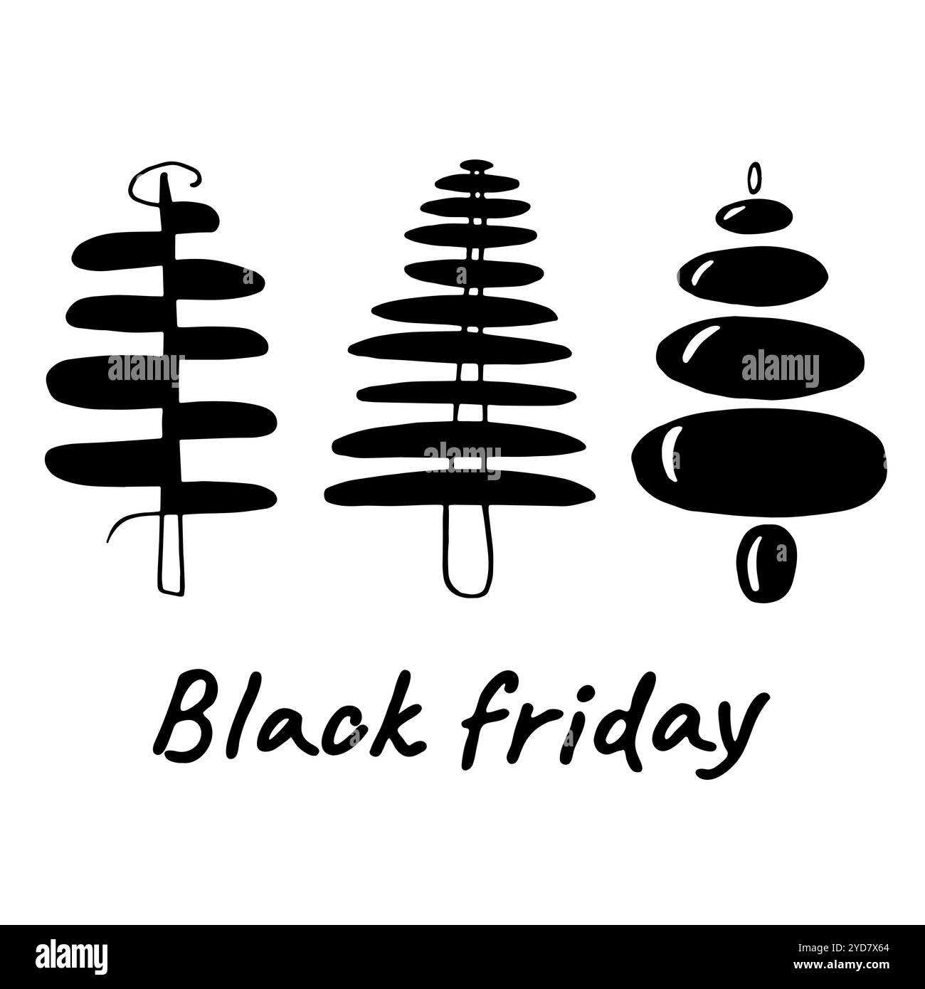 Una serie di alberi invernali di Natale. Alberi di Natale neri disegnati a mano in vettoriale. Black Friday, sconto. Pubblicità, etichette, cartoline, brochure, d Illustrazione Vettoriale