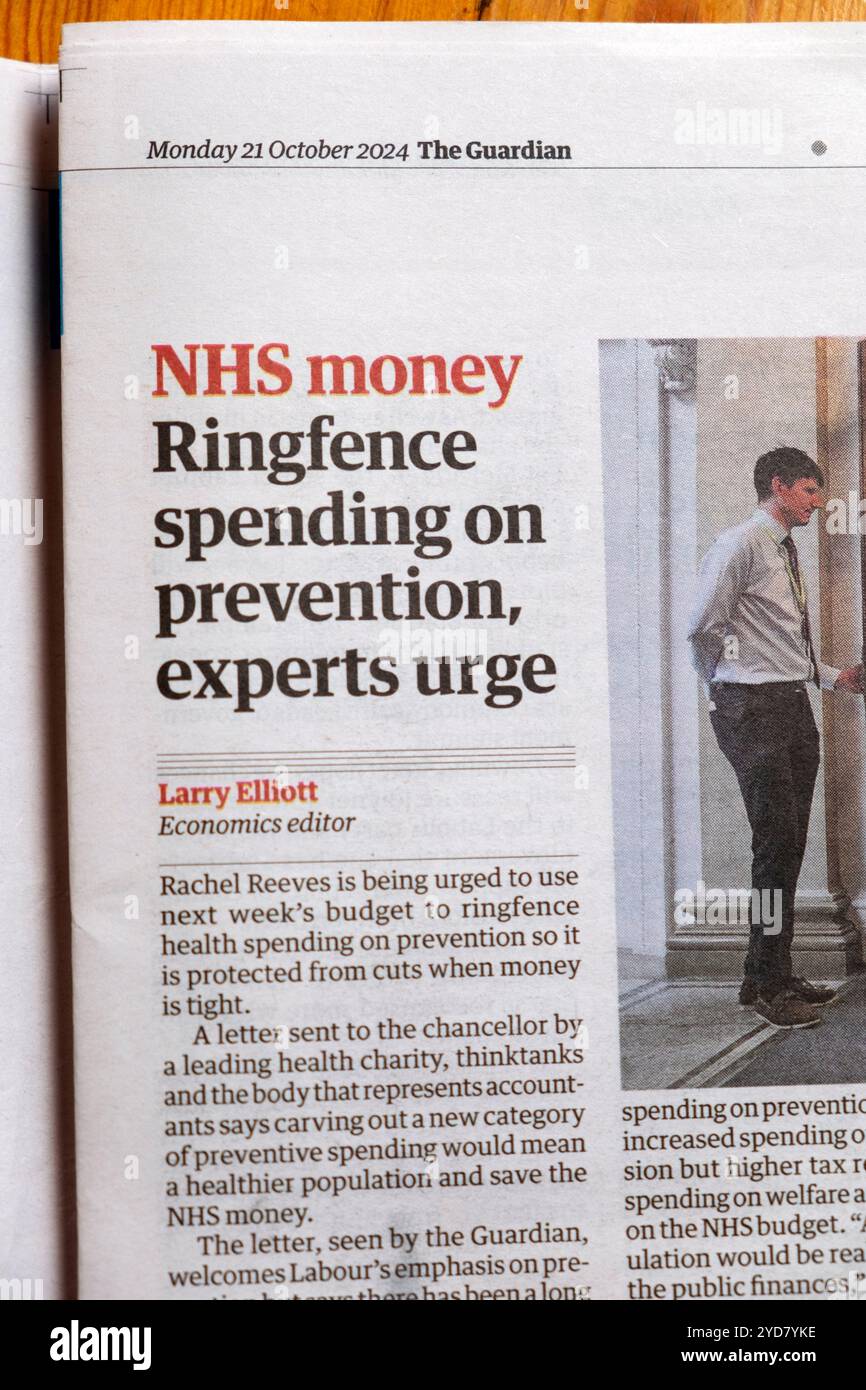 "NHS Money Ringfence spesa per gli esperti di prevenzione sollecita" giornale Guardian headline business servizio sanitario articolo 21 ottobre 2024 Londra Regno Unito Foto Stock