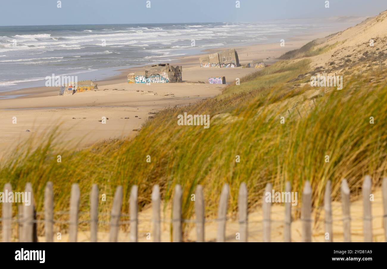 Deutsche Bunker an der französischen Atlantikküste Deutsche Bunker aus dem zweiten Weltkriege liegen am Strand von le pin sec, Gemeinde Naujac sur mer, Atlantikküste Frankreich. Naujac sur mer France *** bunker tedeschi sulla costa atlantica francese bunker tedeschi della seconda guerra mondiale si trovano sulla spiaggia di le pin sec, comune di Naujac sur mer, costa atlantica Francia Naujac sur mer Francia Foto Stock