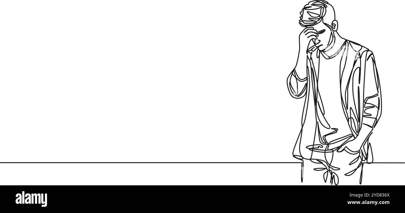disegno continuo a linea singola di un uomo stressato con mal di testa, illustrazione vettoriale line art Illustrazione Vettoriale