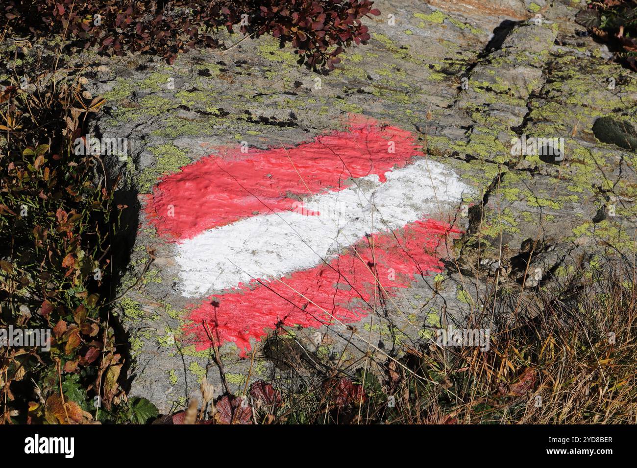 Waymark con bandiera austriaca, dipinto su una massiccia formazione rocciosa vicino a Serfaus Foto Stock