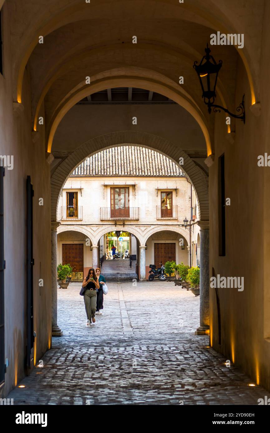 Arco sopra la stretta strada acciottolata Barrio de El Arenal, Siviglia, Andalusia, Spagna. Foto Stock