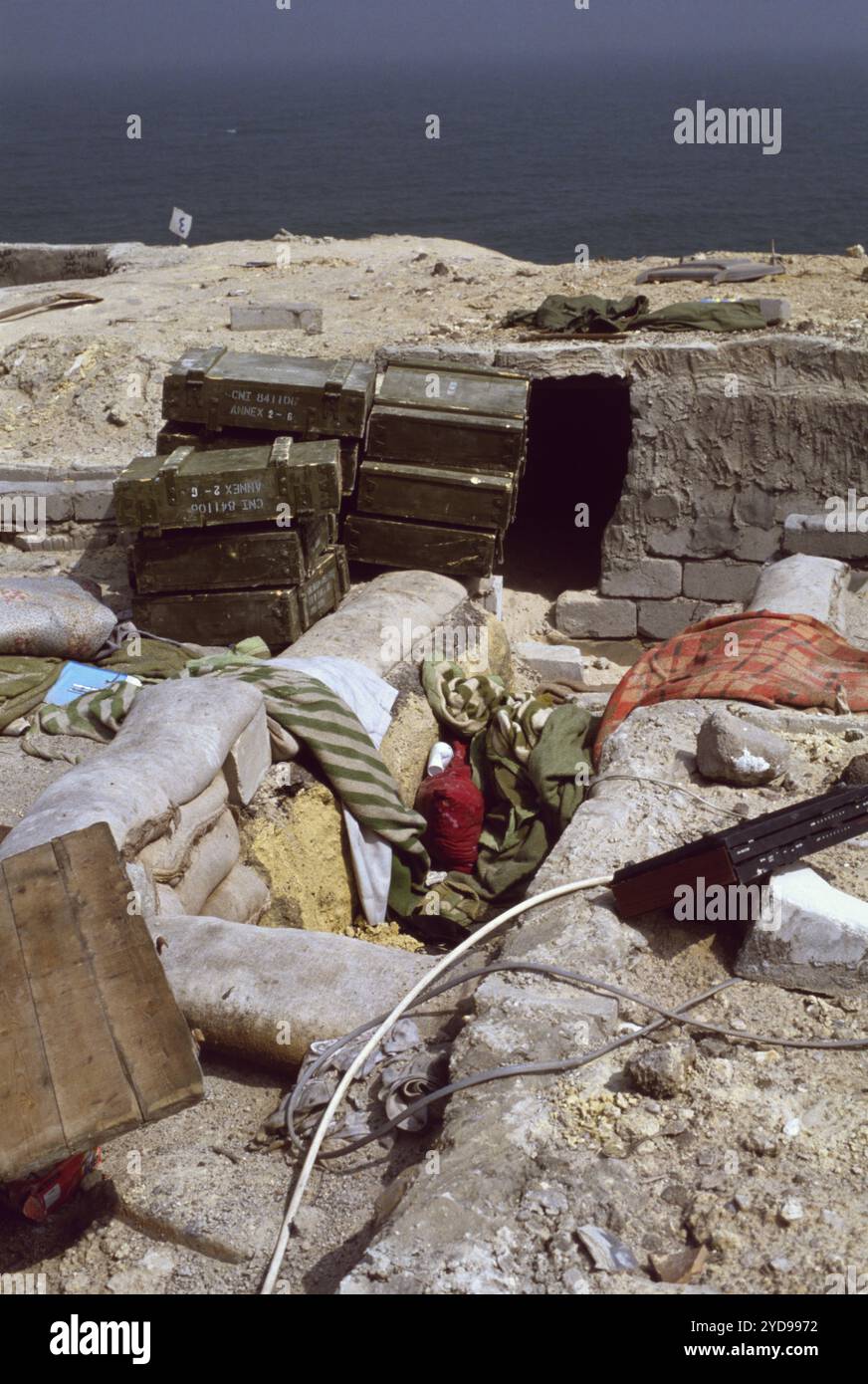 Prima guerra del Golfo: Il 10 marzo 1991 abbandonò le difese irachene e le casse di munizioni giordane sulla spiaggia di Anjafa nella città del Kuwait. Foto Stock