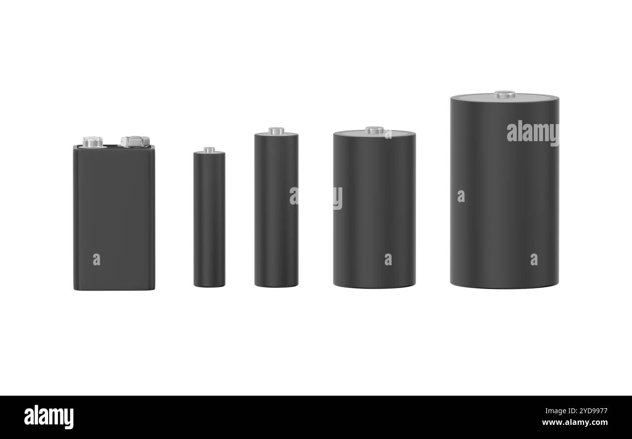 Batterie nere isolate su sfondo bianco. Dimensioni e forme diverse. illustrazione 3d. Foto Stock