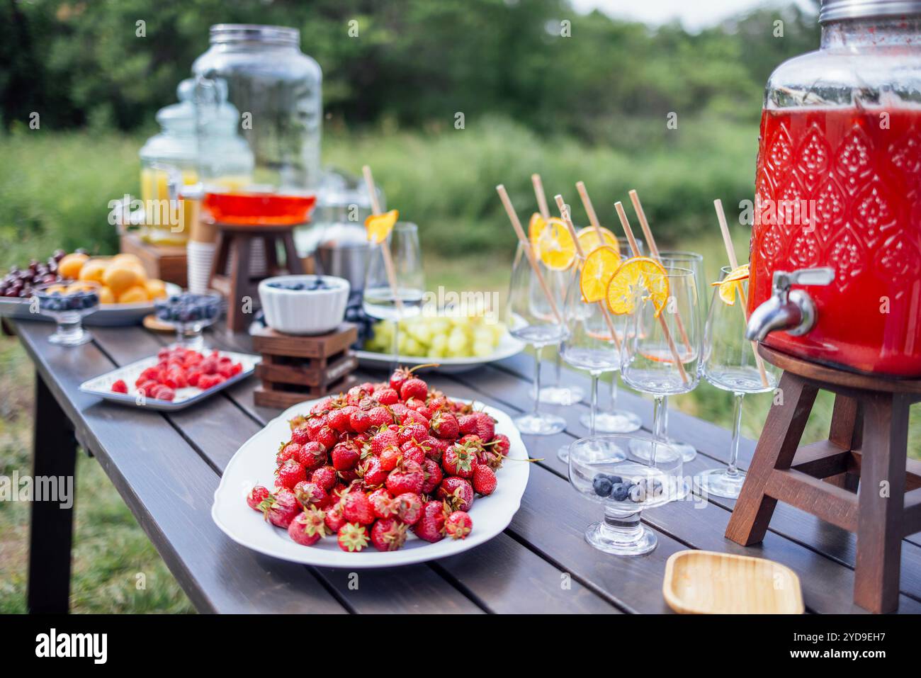 Un tavolo in legno con frutti di bosco dolci e frutta, vasetti di succo appena spremuto e bicchieri vuoti. Un buffet estivo all'aperto. Foto Stock