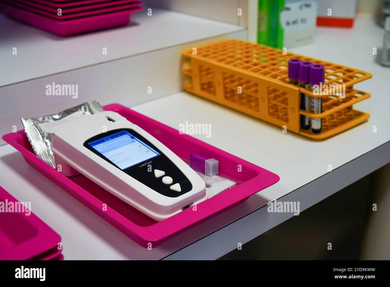 Analisi del sangue in laboratorio con il sistema LabPad, un analizzatore portatile progettato per eseguire test rapidi da un volume ridotto di campioni di sangue. Consultazione con LabPad 016837 020 Foto Stock