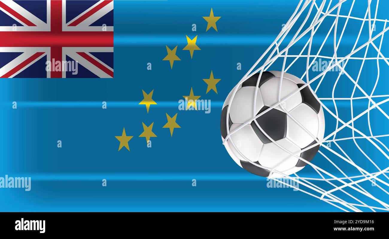 Calcio calcio pallone da calcio in rete isolato su Tuvalu bandiera ombreggiata, accessori sportivi attrezzature per giocare, Campionato e Concorso Design Illustrazione Vettoriale