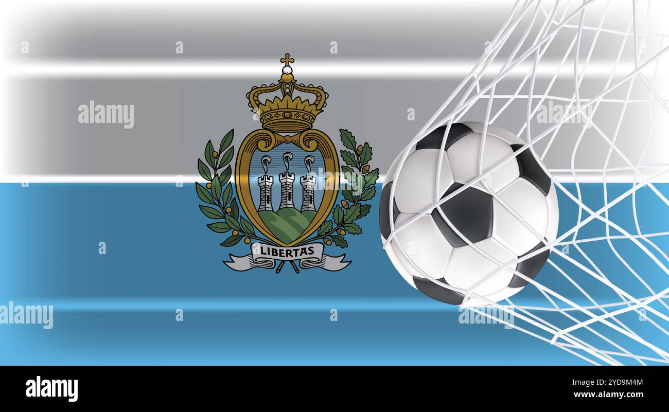 Calcio pallone da calcio in rete isolato sulla bandiera ombreggiata di San Marino, accessori sportivi attrezzature per giocare, Campionato e Concorso Design Illustrazione Vettoriale