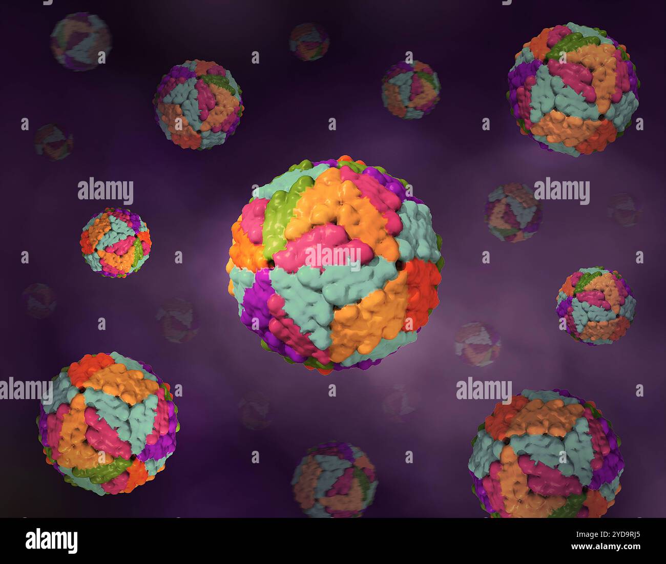 Layout con immagini di stampa 3D/modello strutturale del virus della dengue. Nota: Non in scala. Dengue virus 016867_172 Foto Stock