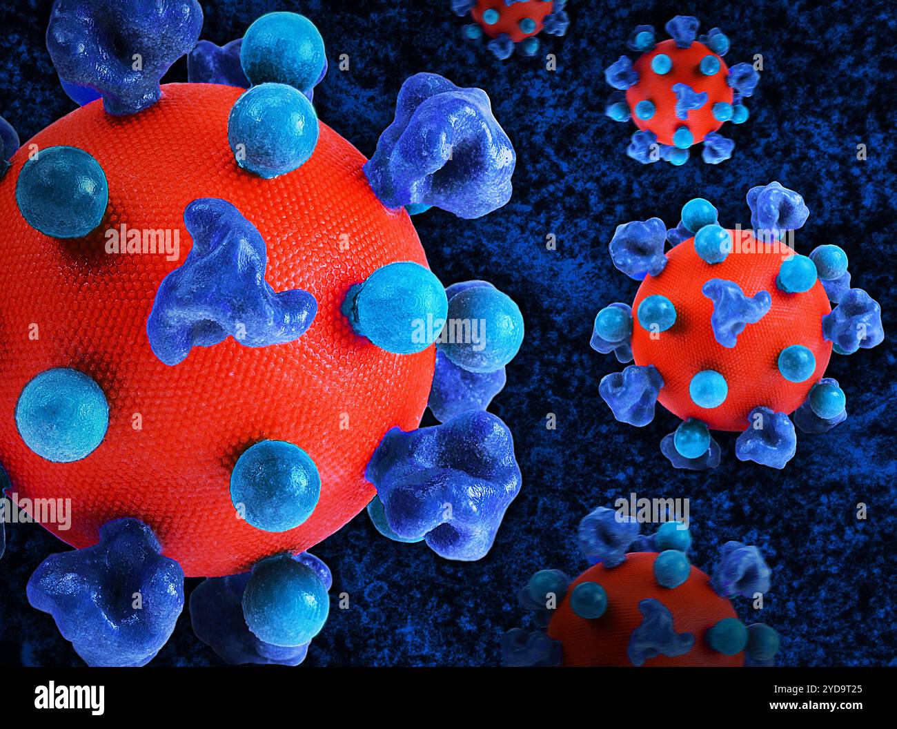Grafica creativa con stampe 3D colorate di particelle del virus HIV. La superficie del virus rossa è ricoperta di proteine blu scuro che consentono al virus di entrare e infettare le cellule umane, e proteine aggiuntive sfere di tè che mascherano il virus dal sistema immunitario. Sullo sfondo viene visualizzato un micrografo a trasmissione colorata di una cella H9 T blu. Virus HIV 016867_259 Foto Stock