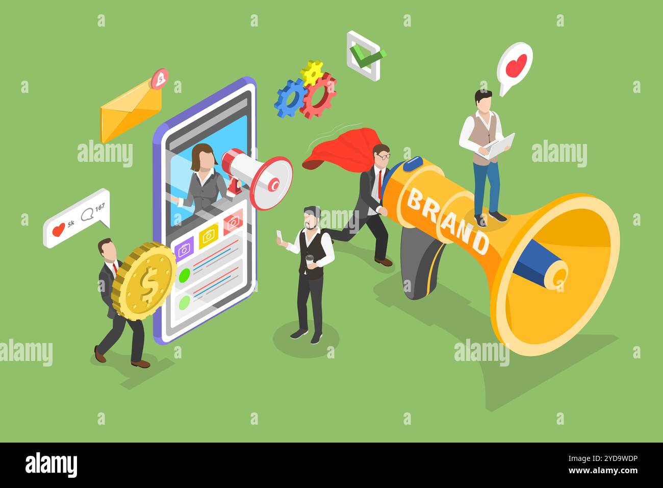 Illustrazione concettuale isometrica piatta 3D della campagna di consapevolezza del marchio, branding online e marketing concetto di piatto isometrico 3D. Foto Stock