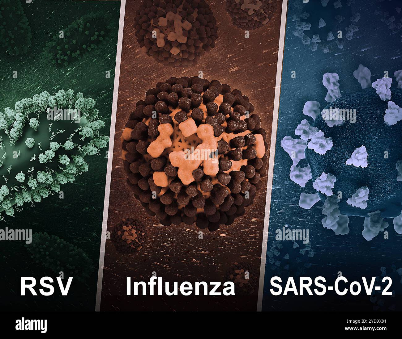 Lavoro creativo con rendering 3D di tre pericolosi virus respiratori: RSV sinistra, centro influenzale e SARS-CoV-2 destra. VRS, influenza e SARS-CoV-2 016867_471 Foto Stock