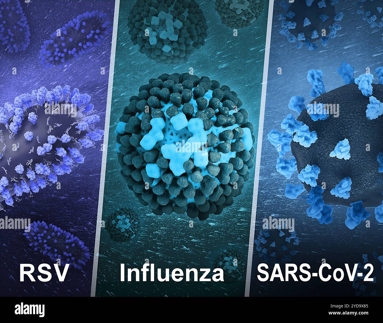 Lavoro creativo con rendering 3D di tre pericolosi virus respiratori: RSV sinistra, centro influenzale e SARS-CoV-2 destra. VRS, influenza e SARS-CoV-2 016867_472 Foto Stock
