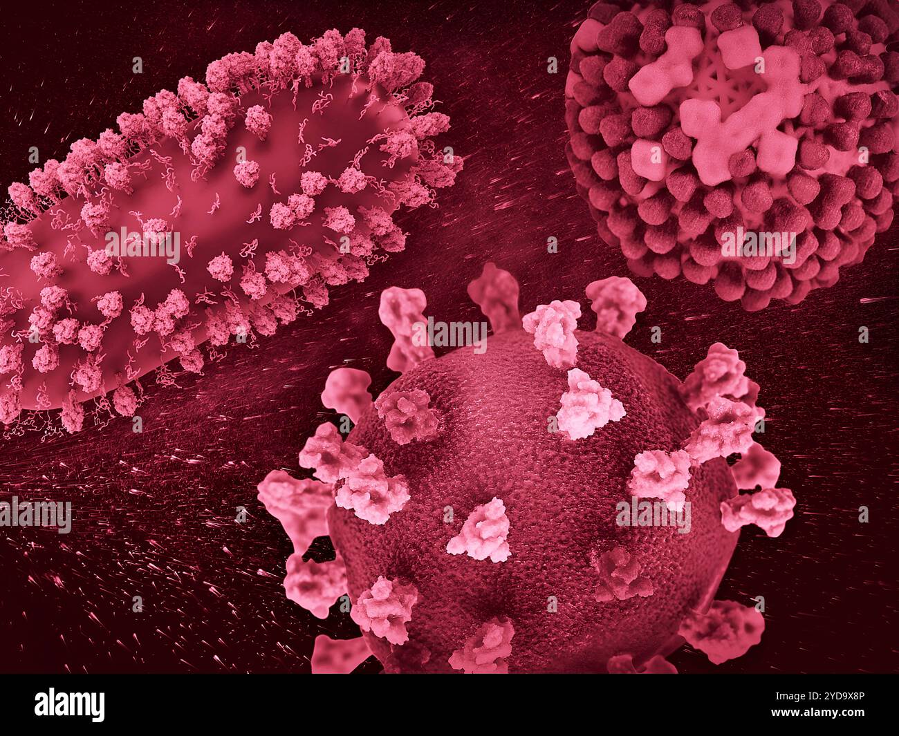 Lavoro creativo con rendering 3D di tre pericolosi virus respiratori: RSV in alto a sinistra, SARS-CoV-2 in basso al centro e influenza in alto a destra. Tripla minaccia: RSV, SARS-CoV-2 e influenza 016867_489 Foto Stock