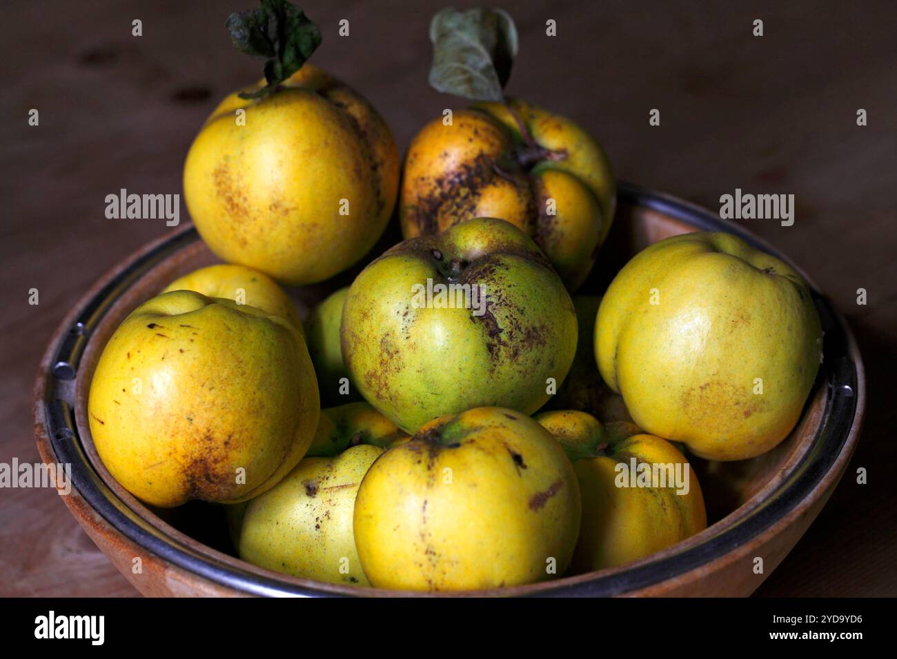 Varietà di Quince matura in un cestino di frutta. Cydonia oblonga Foto Stock