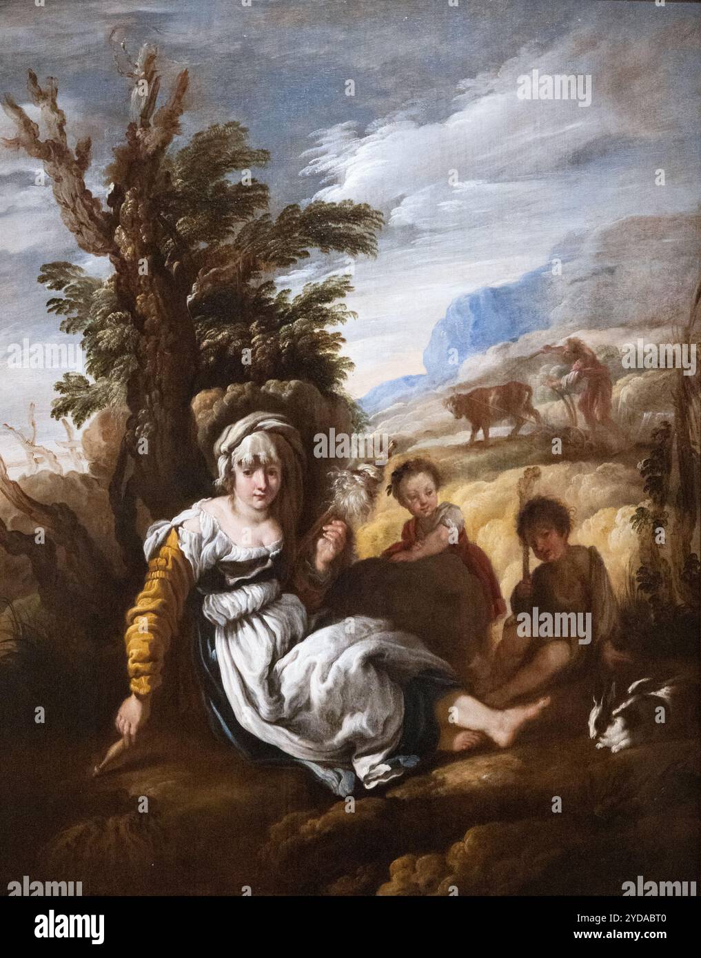 Domenico Fetti pittura; Adamo ed Eva al lavoro, c. 1618-1620. Pittura e artista barocca italiana; pittura ad olio del XVII secolo. Olio su legno Foto Stock