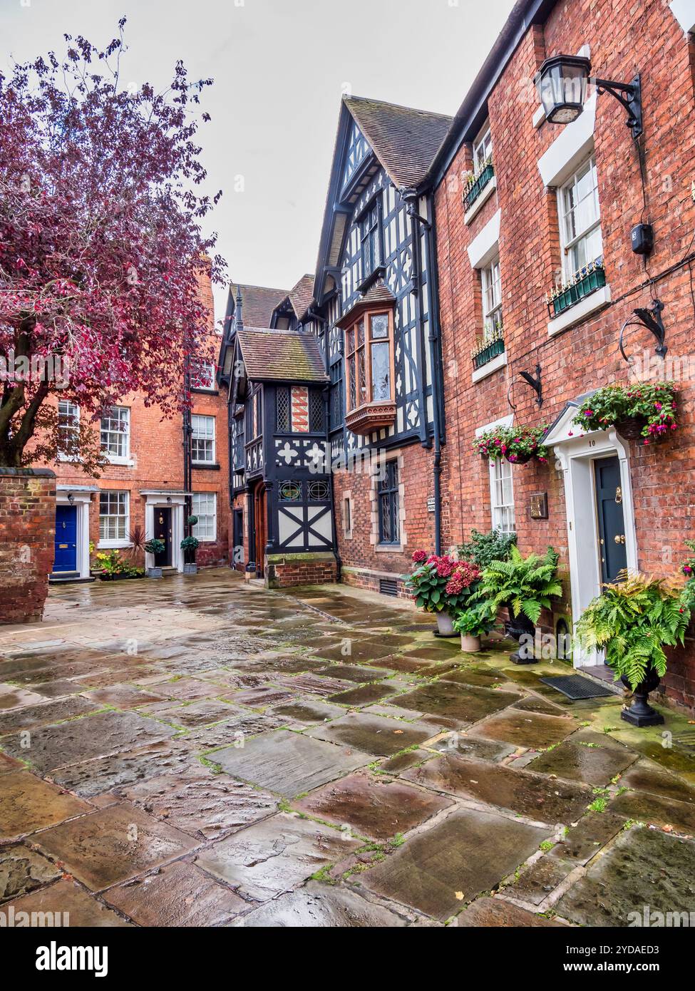 Queste colorate scene di strade di edifici in stile georgiano ed edoardiano a St Mary's Place a Shrewsbury Foto Stock