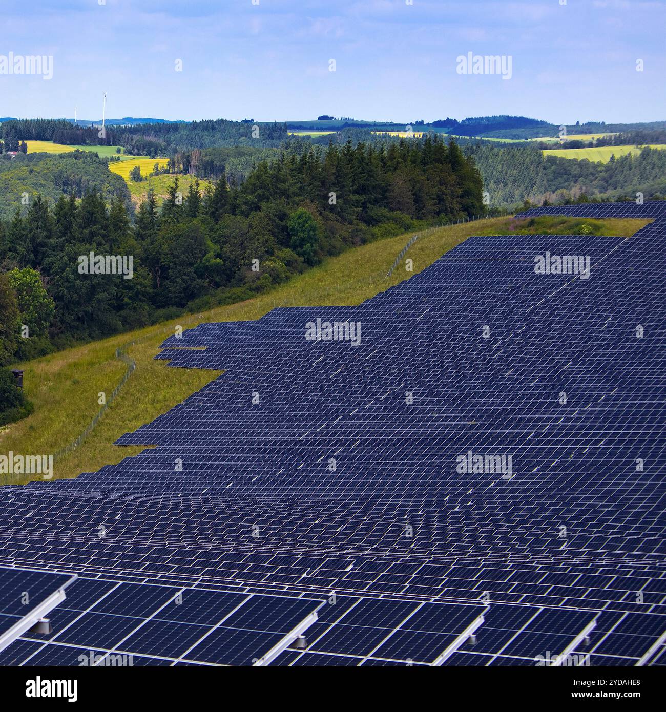 Impianto fotovoltaico open space nel Parco naturale Suedeifel, Renania-Palatinato, Germania, Europa Foto Stock
