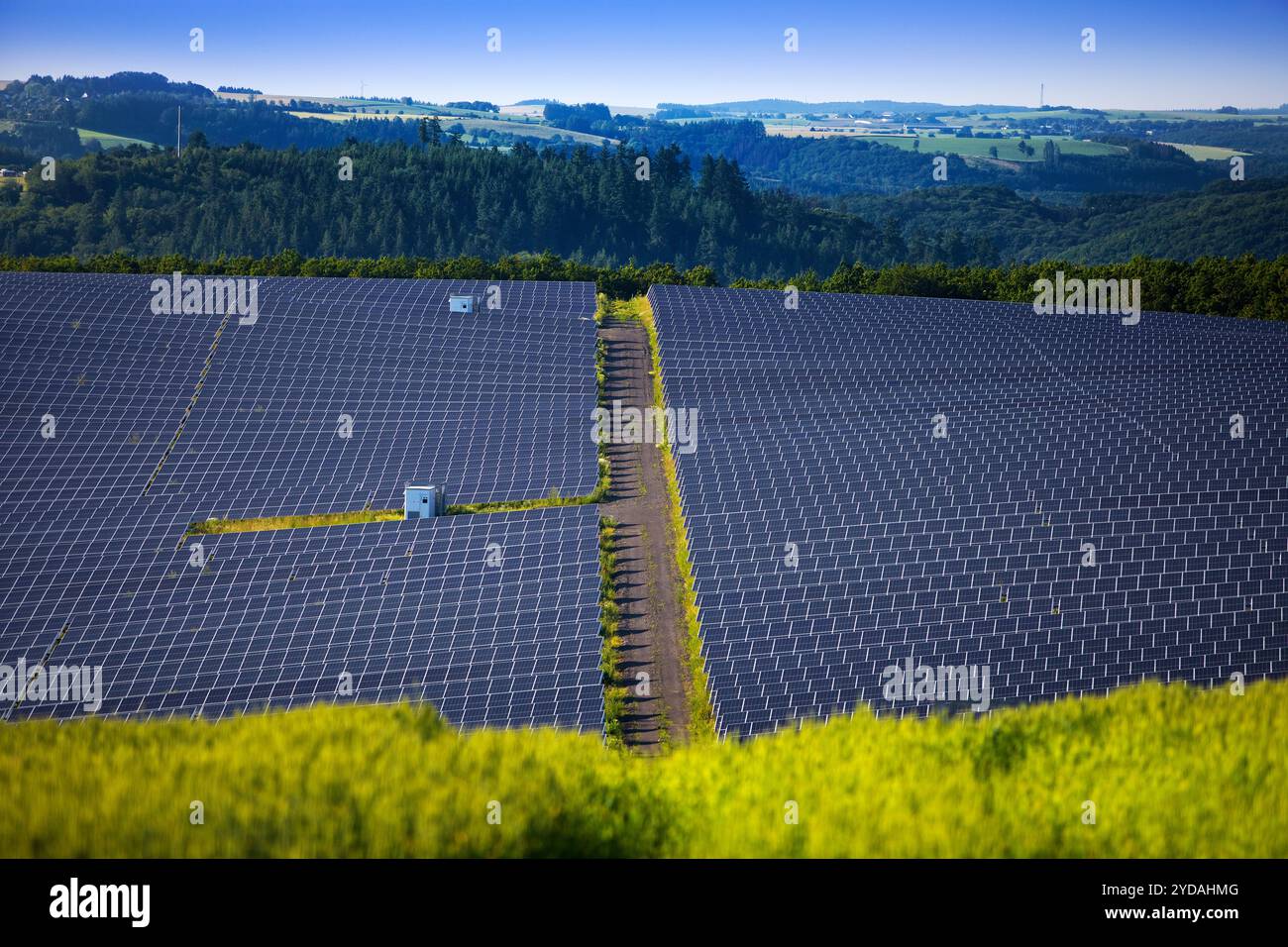 Impianto fotovoltaico open space nel Parco naturale Suedeifel, Renania-Palatinato, Germania, Europa Foto Stock