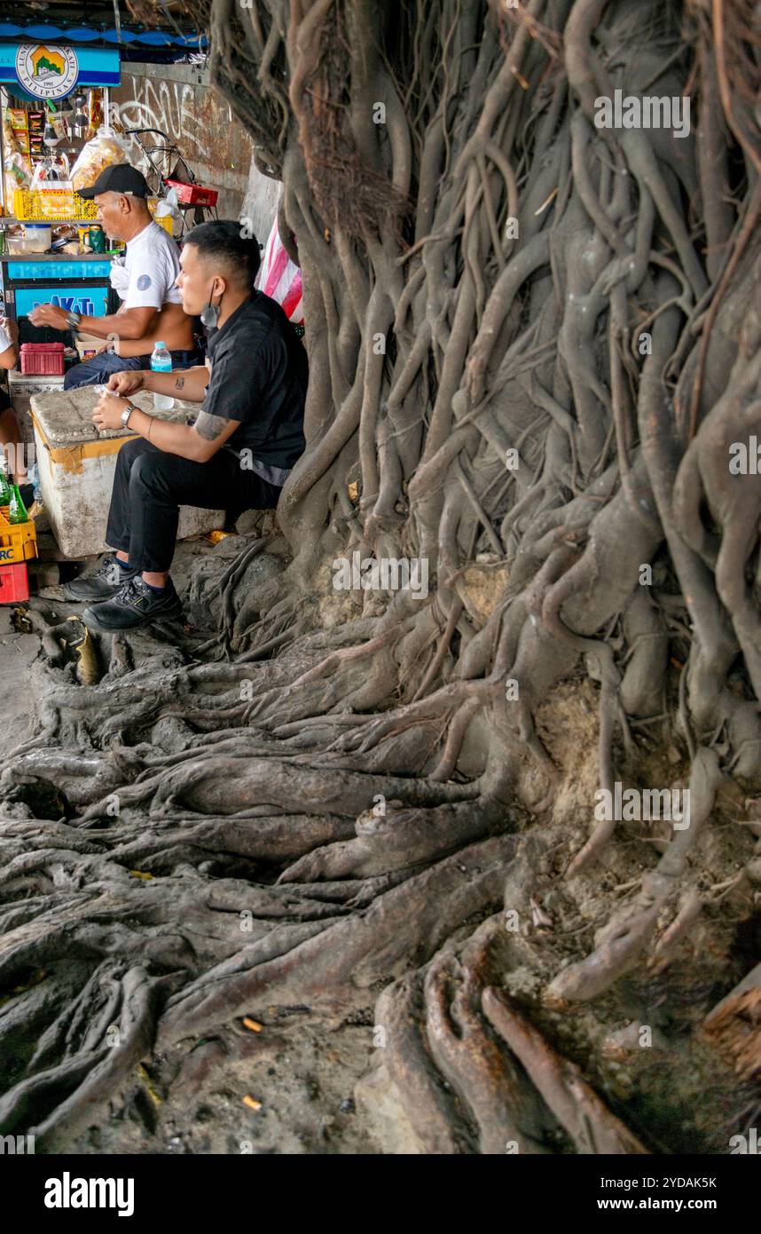 Manila-13 gennaio 2023: Persone che vendono piccoli cibi e bevande presso le bancarelle della strada, siediti accanto alle radici di alberi selvatici, strisciando sul muro dietro. Foto Stock