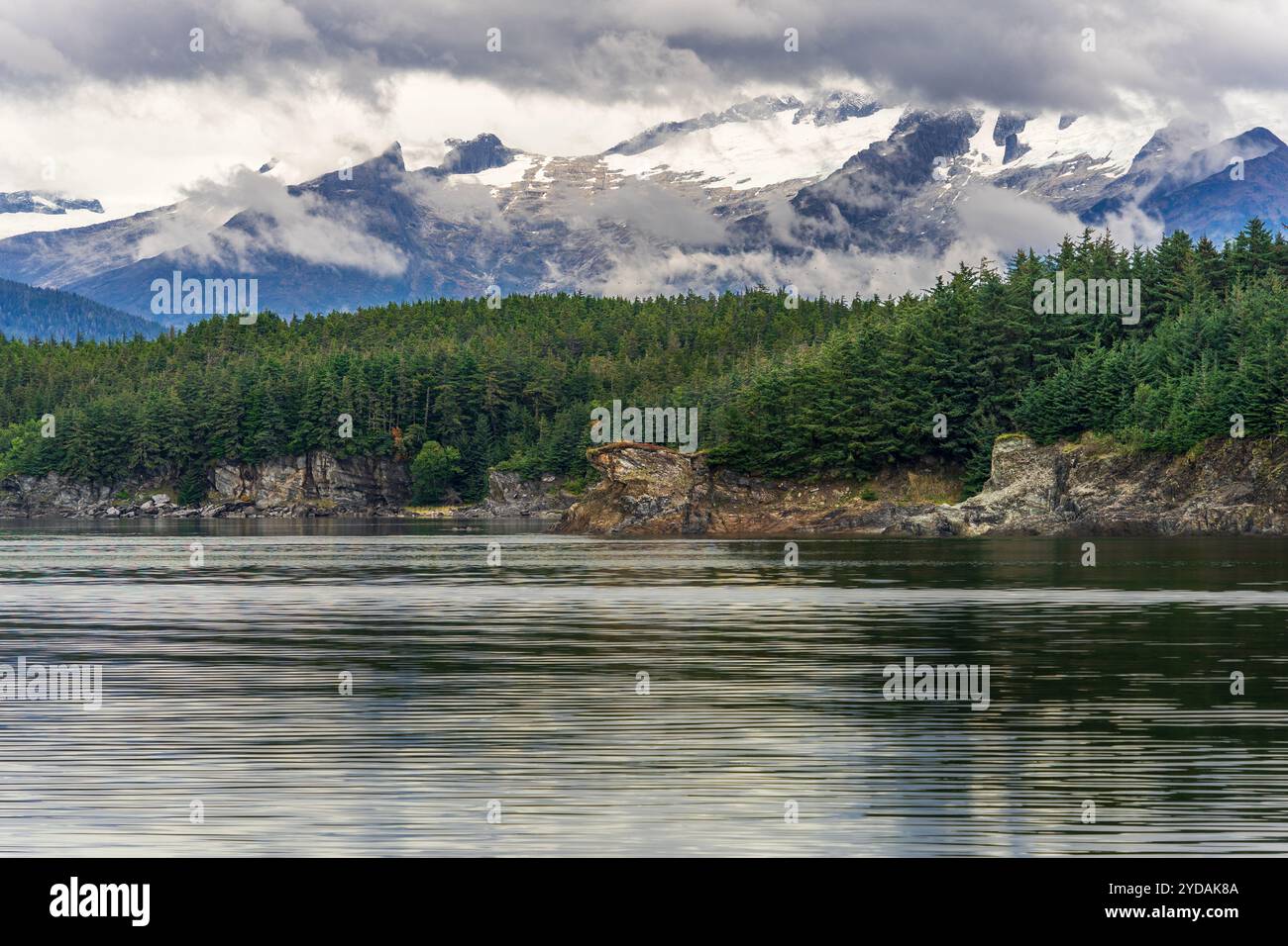 Paesaggio con pini e montagne innevate nella baia di Auke vicino a Juneau, Alaska Foto Stock