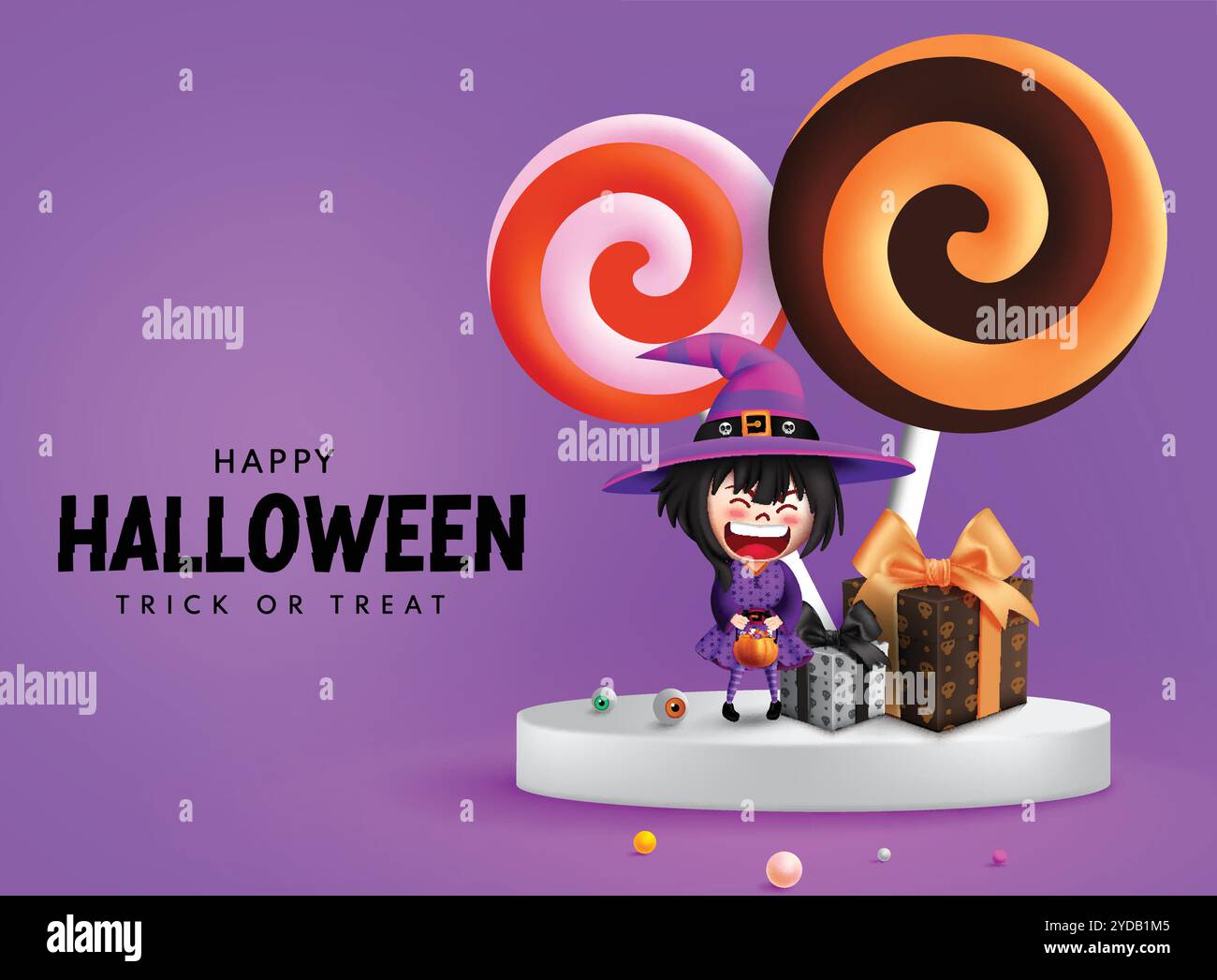 Design vettoriale del podio di Halloween. Buon halloween: Testo di benvenuto con simpatico personaggio di una strega, regali e caramelle elementi decorativi lecca-lecca in viola Illustrazione Vettoriale