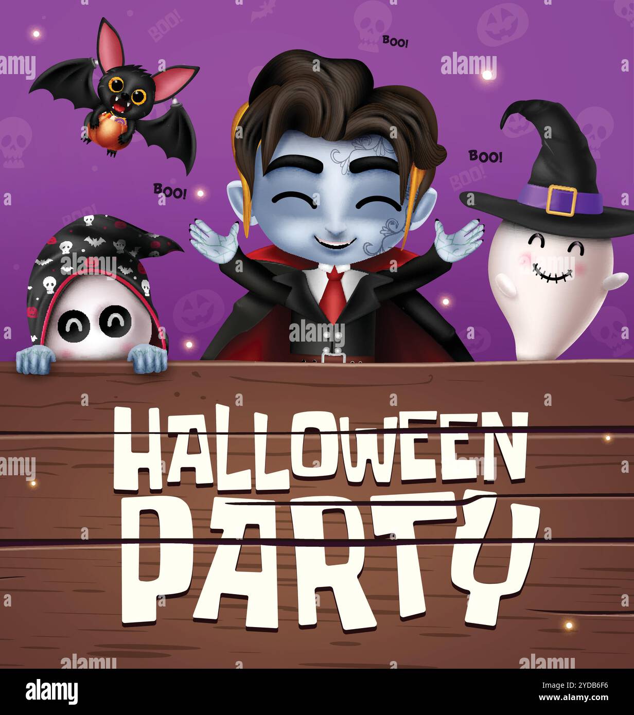 Design vettoriale di testo per la festa di Halloween. Vampiro di Halloween, mietitore triste e personaggi in costume fantasma per festeggiare gli eventi serali per bambini. Illustrazione Vettoriale