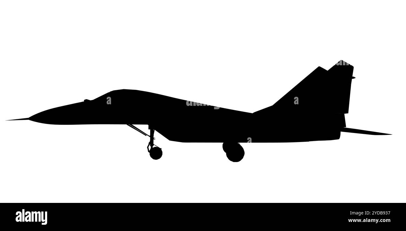 Illustrazione vettoriale di caccia silhouette jet, aereo da guerra. Sagoma del velivolo multiruolo isolato su sfondo bianco Illustrazione Vettoriale