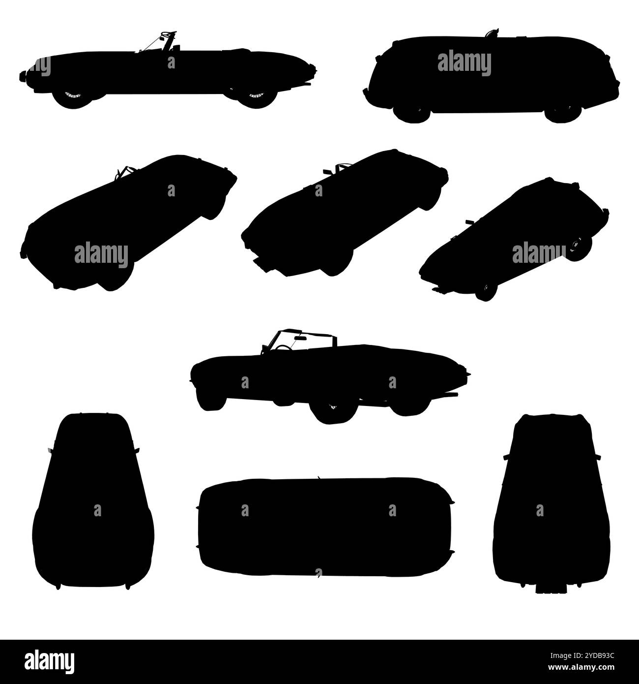 Set di silhouette vettoriale di un'auto con capote su bianco per il marchio del veicolo e l'identità aziendale. Vista laterale, anteriore, posteriore, superiore, isometrica. Immagine vettoriale Illustrazione Vettoriale